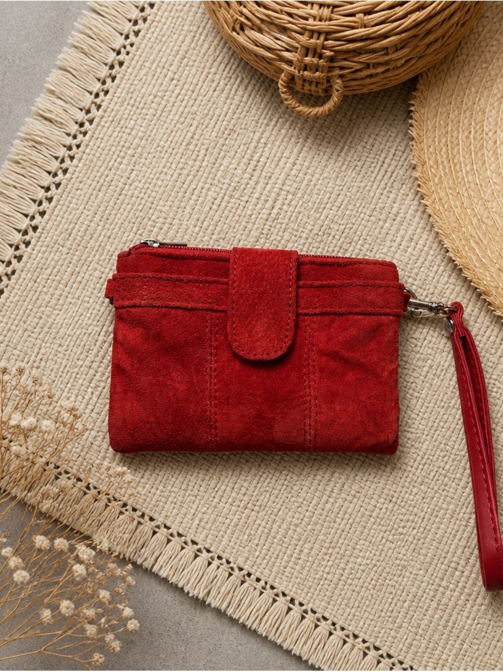 Vintage Red Suede Wristlet Clutch with Wrist Strap